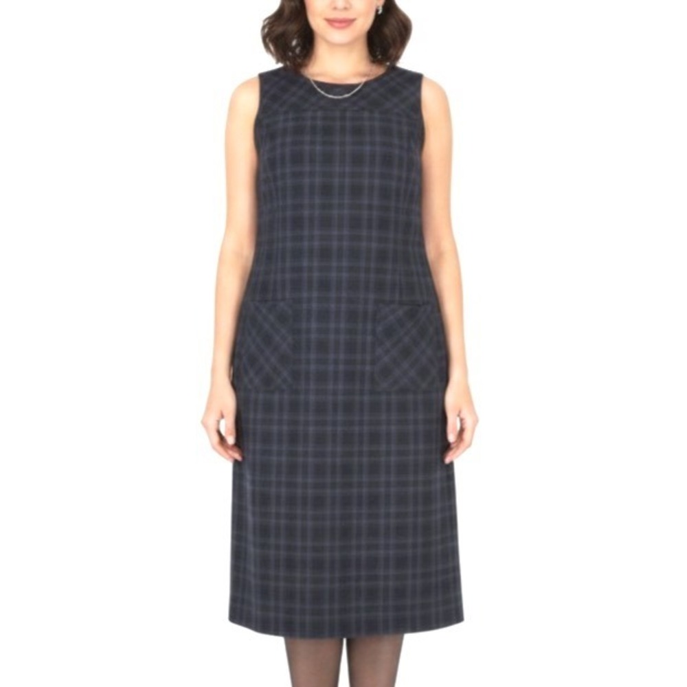 VTG KORET Twill NAVY/MULTI PLAID Zip POCKETS Sleeveless SHEATH JUMPER Dress 14